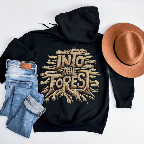 Featuring the phrase "Into the Forest" uniquely crafted in tree branch lettering, this design brings the beauty and mystery of the woods to life.